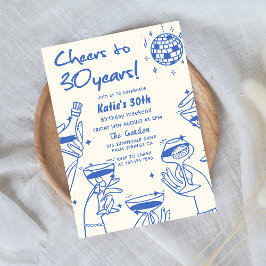 Blauw Retro Hand Getekende Funky 30e Verjaardag Kaart