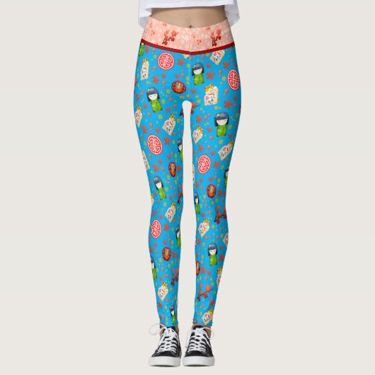 Blauw Retro Japans Maneki Neko Kat en Geisha Leggings (Voorkant)
