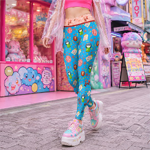 Blauw Retro Japanse Maneki Neko Kat en Geisha Leggings