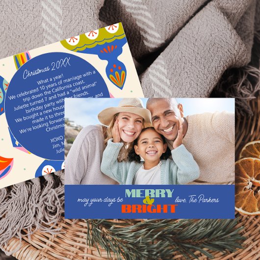 Blauw Retro Kerst Foto Kaart | Horizontaal