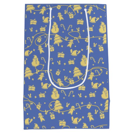 Blauw Retro Kerstpatroon Medium Cadeauzakje (Achterkant)