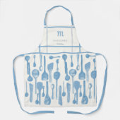 blauw retro keukenlepels monogram cadeau schort (Voorkant)