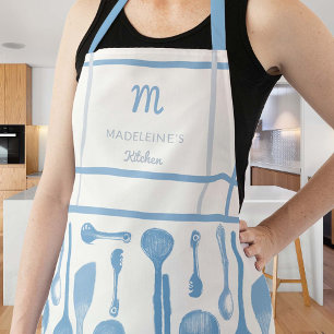 blauw retro keukenlepels monogram cadeau schort