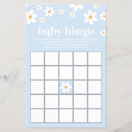 Blauw Retro Madeliefje Baby Shower Bingo Flyer (Voorkant)