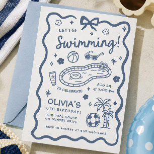 Blauw Retro Minimalistisch Verjaardagsfeest Zwemba Kaart