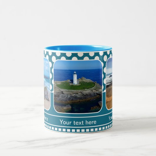 Blauw Retro Polka stip uw foto's Mok (Center)