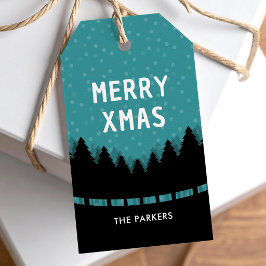 Blauw retro Prettig Kerstfeest met dennenbomen en Cadeaulabel