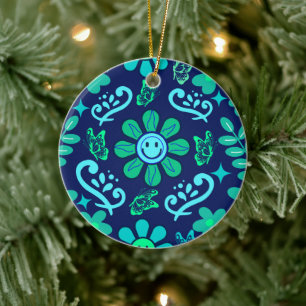 Blauw Retro Stijl Bloem- en Zonnesymboolpatroon Keramisch Ornament