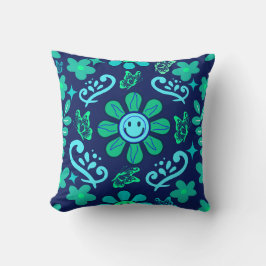 Blauw Retro Stijl Bloem- en Zonnesymboolpatroon Kussen