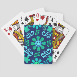 Blauw Retro Stijl Bloem- en Zonnesymboolpatroon Pokerkaarten