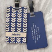 Blauw Retro Vibe Blad Patroon Monogram Bagagelabel