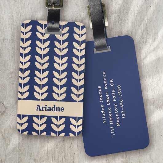Blauw Retro Vibe Blad Patroon Monogram Bagagelabel