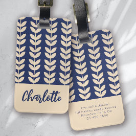 Blauw Retro Vibe Blad Patroon Monogram Bagagelabel