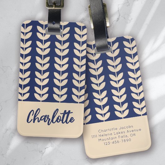 Blauw Retro Vibe Blad Patroon Monogram Bagagelabel