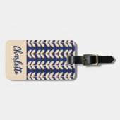 Blauw Retro Vibe Blad Patroon Monogram Bagagelabel (Voorkant horizontaal)