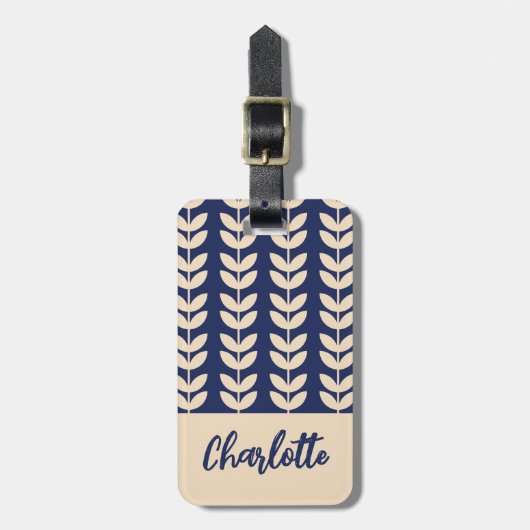 Blauw Retro Vibe Blad Patroon Monogram Bagagelabel (Voorkant verticaal)