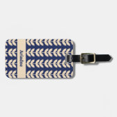 Blauw Retro Vibe Blad Patroon Monogram Bagagelabel (Voorkant horizontaal)