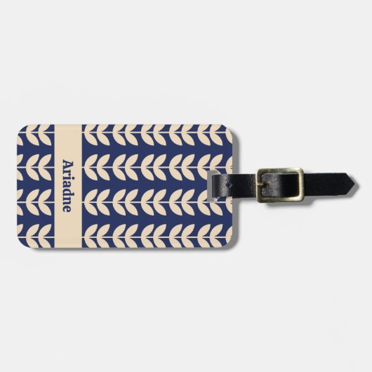 Blauw Retro Vibe Blad Patroon Monogram Bagagelabel (Voorkant horizontaal)