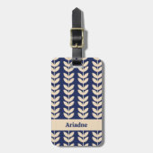 Blauw Retro Vibe Blad Patroon Monogram Bagagelabel (Voorkant verticaal)