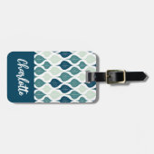 Blauw Retro Vibe Blad Patroon Monogram Bagagelabel (Voorkant horizontaal)