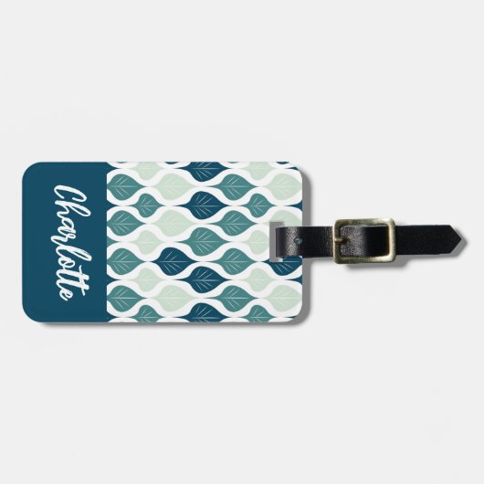 Blauw Retro Vibe Blad Patroon Monogram Bagagelabel (Voorkant horizontaal)