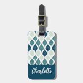 Blauw Retro Vibe Blad Patroon Monogram Bagagelabel (Voorkant verticaal)