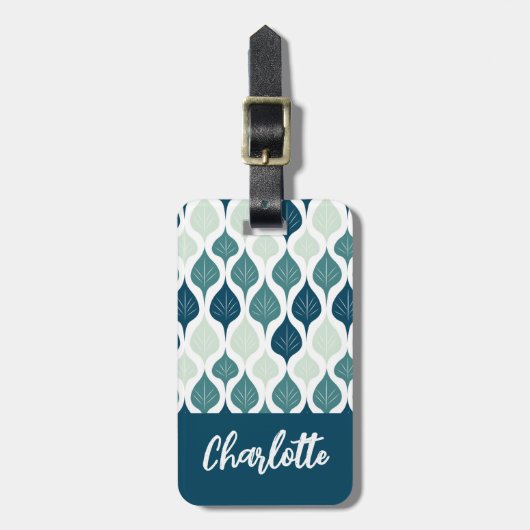 Blauw Retro Vibe Blad Patroon Monogram Bagagelabel (Voorkant verticaal)