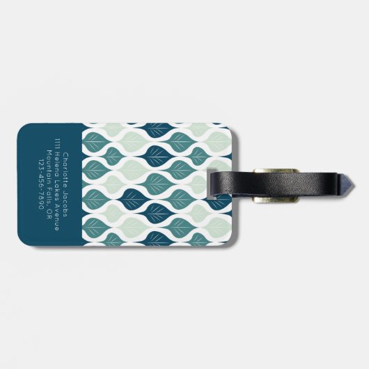 Blauw Retro Vibe Blad Patroon Monogram Bagagelabel (Achterkant horizontaal)