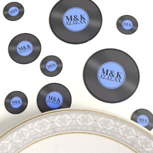 Blauw Retro Vinyl LP Rock n Roll Bruiloft Monogram Confetti