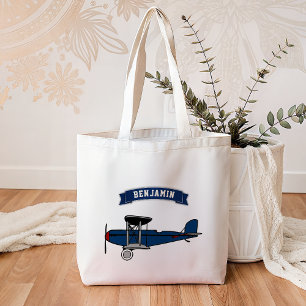  Blauw Retro Vliegtuig Kinder Tote Bag