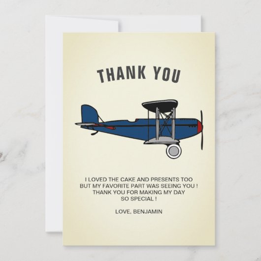 Blauw Retro Vliegtuig Verjaardagsfeest Bedankkaart (Voorkant)