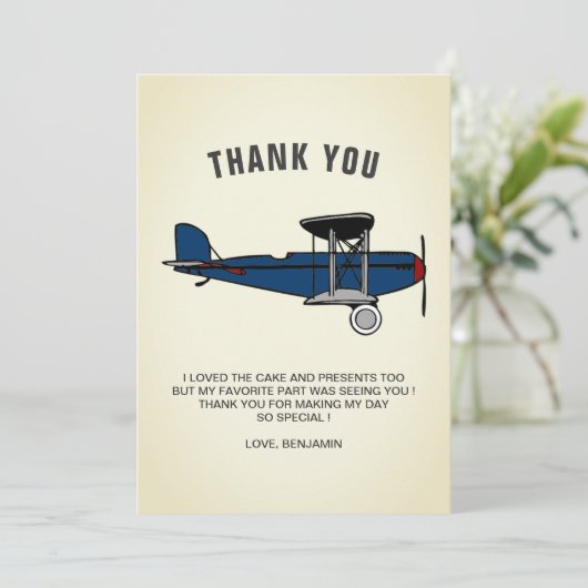  Blauw Retro Vliegtuig Verjaardagsfeest Bedankkaart (Staand voorkant)