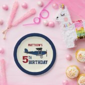  Blauw Retro Vliegtuig Verjaardagsfeest Papieren Bordje (Feest)