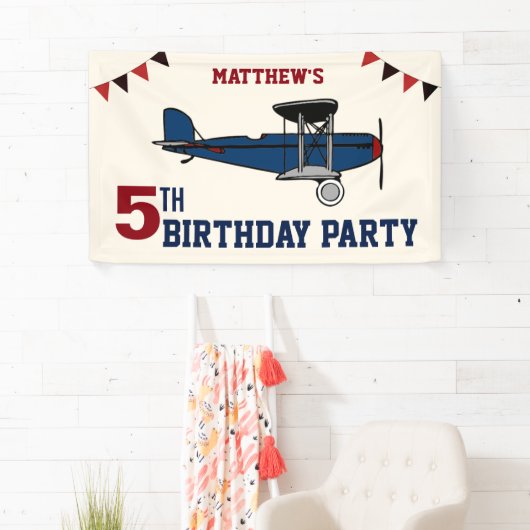  Blauw Retro Vliegtuig Verjaardagsfeest Spandoek (Insitu)