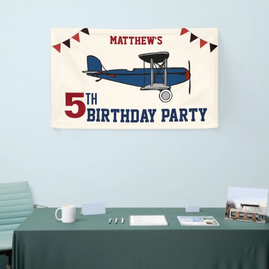  Blauw Retro Vliegtuig Verjaardagsfeest Spandoek (Beurs)