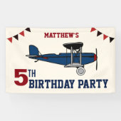  Blauw Retro Vliegtuig Verjaardagsfeest Spandoek (Horizontaal)
