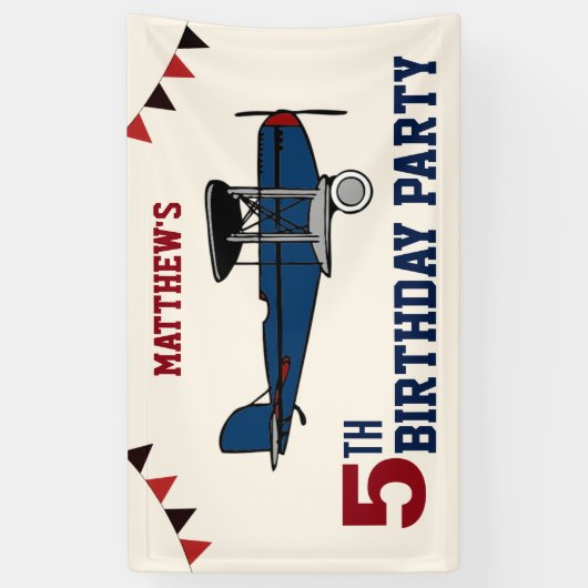  Blauw Retro Vliegtuig Verjaardagsfeest Spandoek (Verticaal)