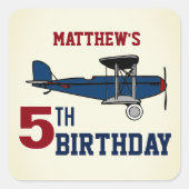 Blauw Retro Vliegtuig Verjaardagsfeestje Vierkante Sticker (Voorkant)