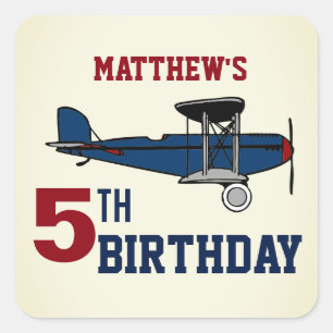 Blauw Retro Vliegtuig Verjaardagsfeestje Vierkante Sticker