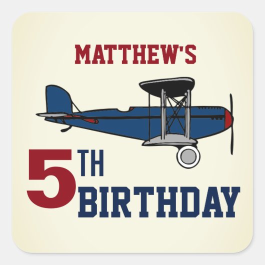 Blauw Retro Vliegtuig Verjaardagsfeestje Vierkante Sticker (Voorkant)