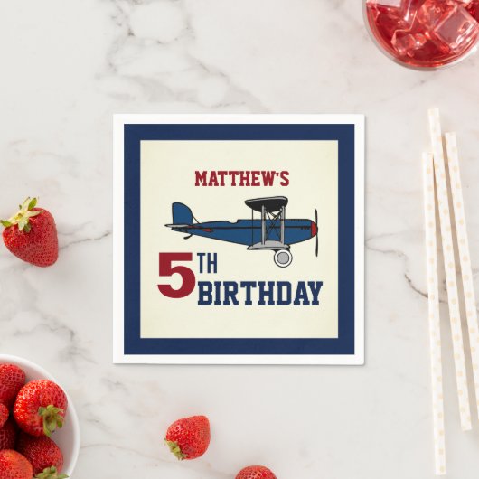 Blauw Retro Vliegtuig Verjaardagsfeestpapier Servet (Insitu)