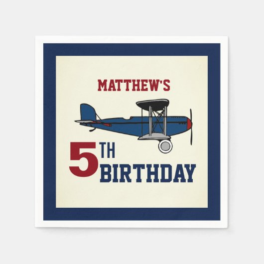 Blauw Retro Vliegtuig Verjaardagsfeestpapier Servet (Voorkant)