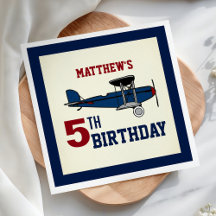 Blauw Retro Vliegtuig Verjaardagsfeestpapier