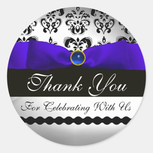 BLAUW RIBBON BLACK & WHITE DAMASK Sapphire Ronde Sticker (Voorkant)