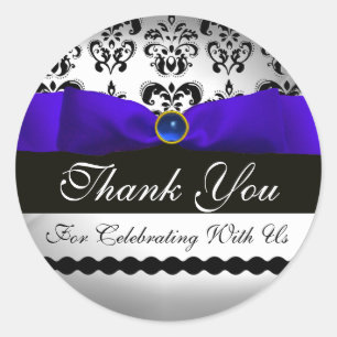 BLAUW RIBBON BLACK & WHITE DAMASK Sapphire Ronde Sticker