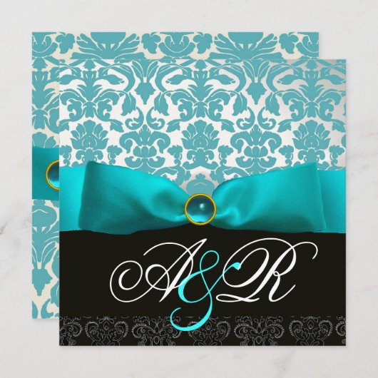 BLAUW RIBBON TURQUASE WHITE BLACK DAMASK MONOGRAM KAART (Voorkant / Achterkant)