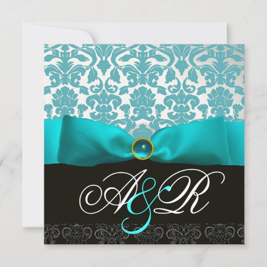 BLAUW RIBBON TURQUASE WHITE BLACK DAMASK MONOGRAM KAART (Voorkant)