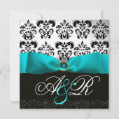 BLAUW RIBBON TURQUASE WHITE BLACK DAMASK MONOGRAM KAART (Voorkant)