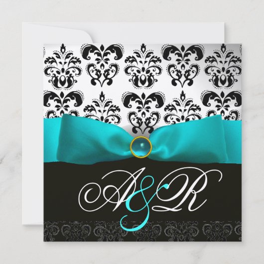 BLAUW RIBBON TURQUASE WHITE BLACK DAMASK MONOGRAM KAART (Voorkant)