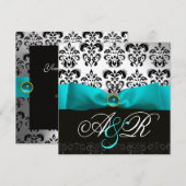 BLAUW RIBBON TURQUASE WHITE BLACK DAMASK MONOGRAM KAART (Voorkant / Achterkant)